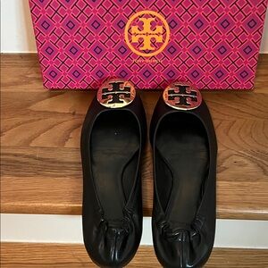 Tory Burch Black Flats with Gold Logo